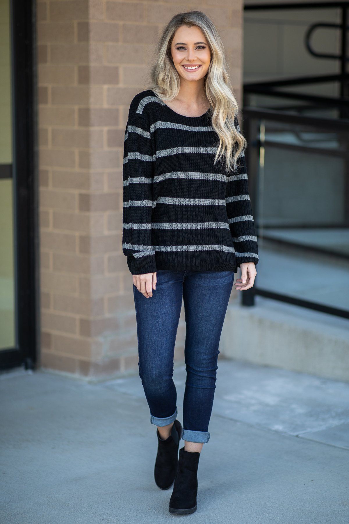 Black and Grey Striped Long Sleeve Sweater