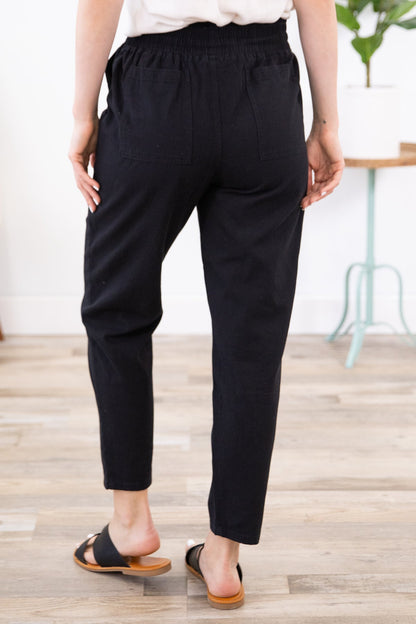 Black Elastic Waist Straight Leg Twill Pants
