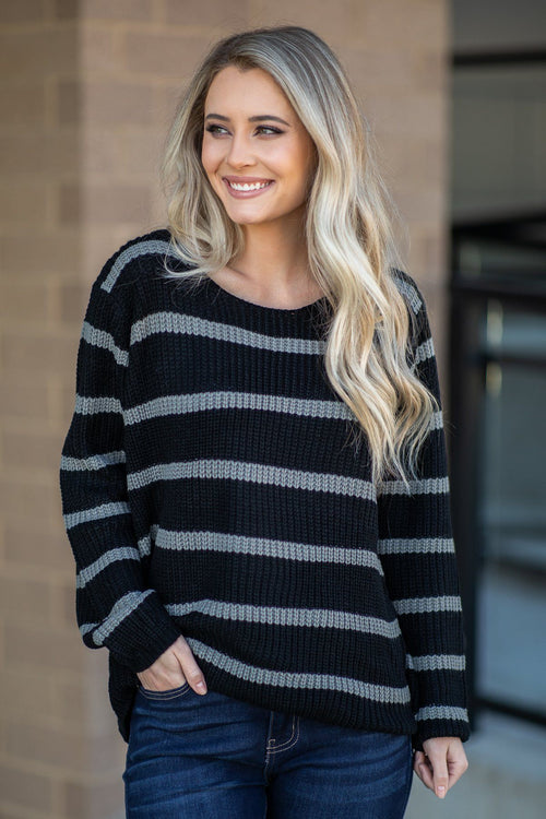 Black and Grey Striped Long Sleeve Sweater