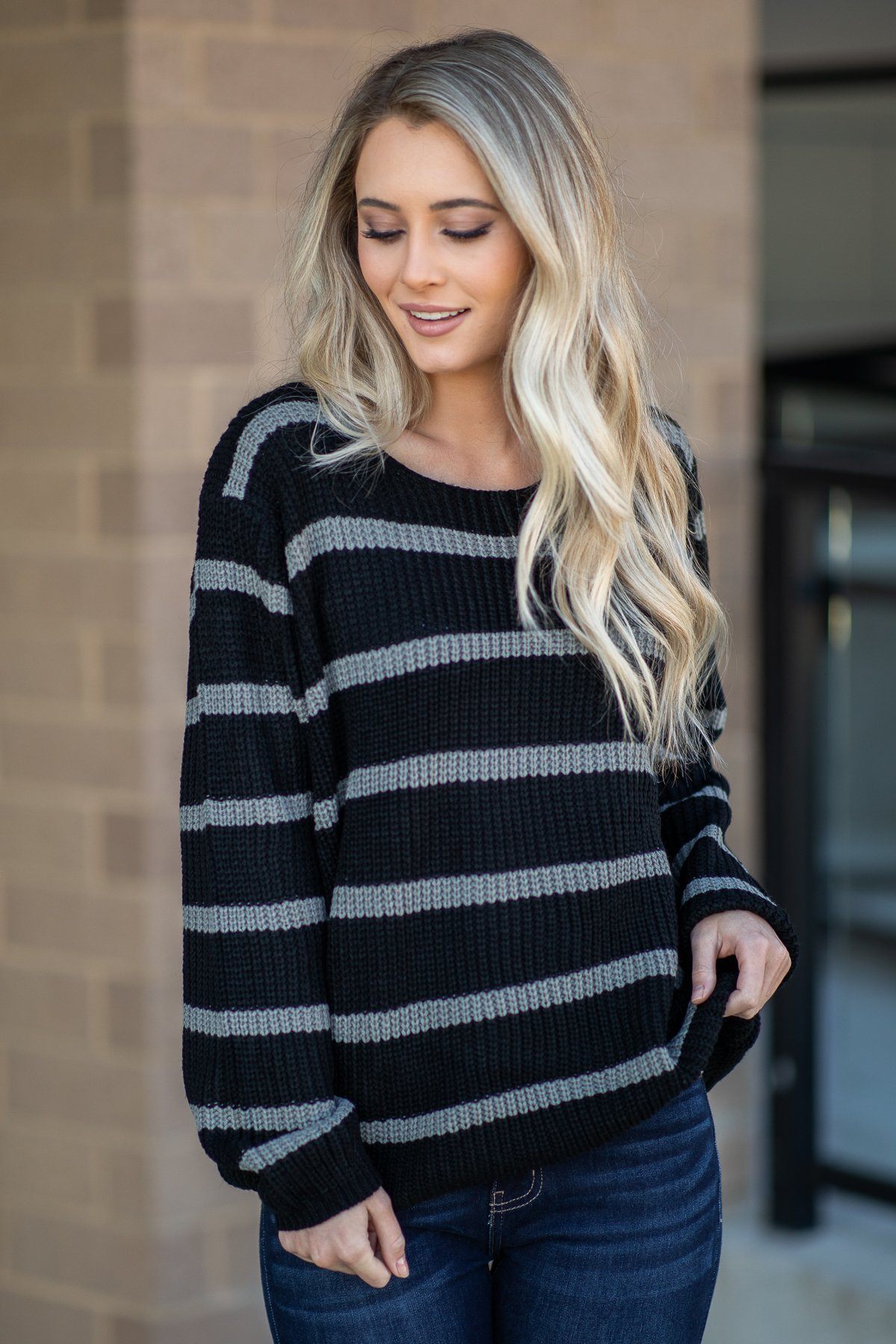 Black and Grey Striped Long Sleeve Sweater