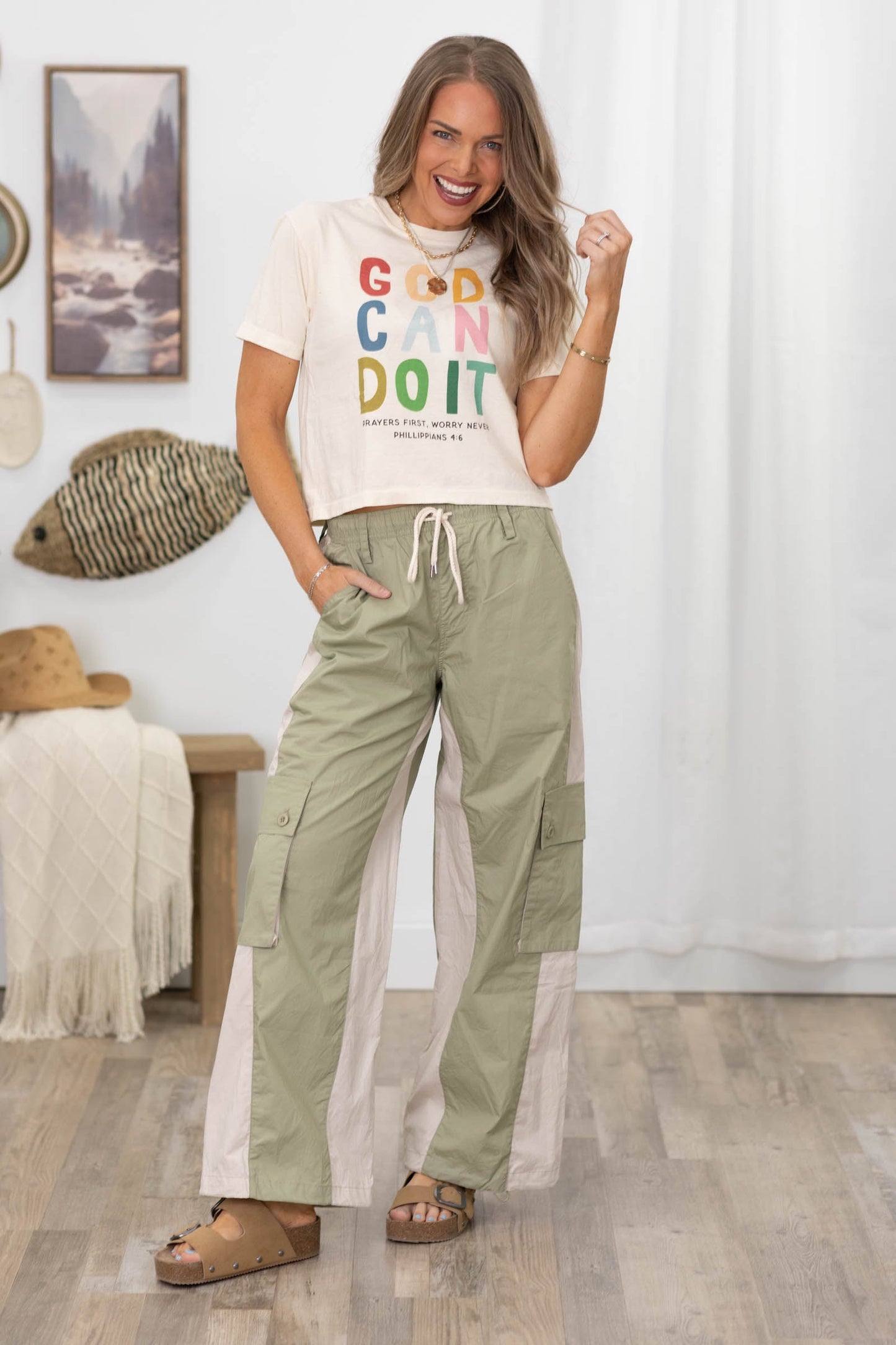 Beige And Sage Cargo Pocket Pants