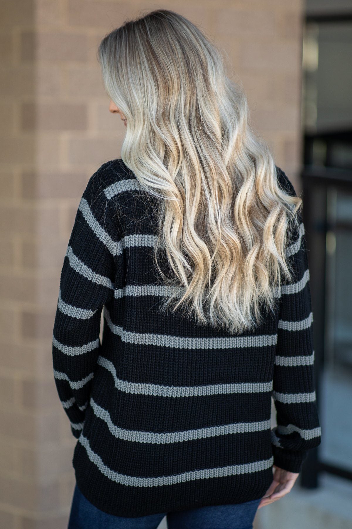 Black and Grey Striped Long Sleeve Sweater