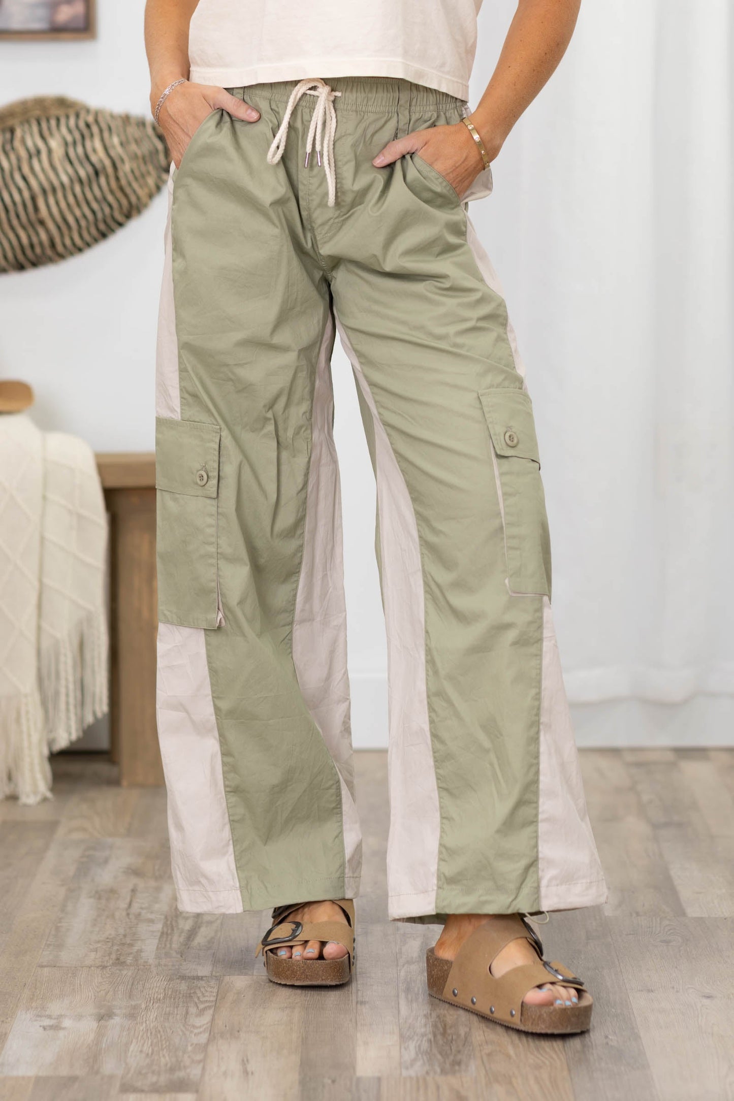 Beige And Sage Cargo Pocket Pants