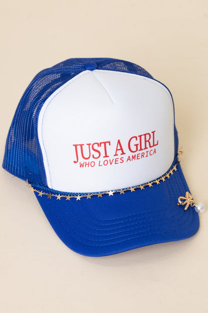 Blue Just A Girl America Hat Chain And Pin
