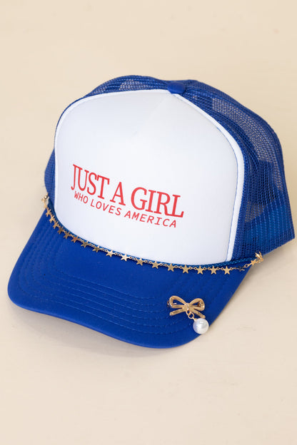Blue Just A Girl America Hat Chain And Pin