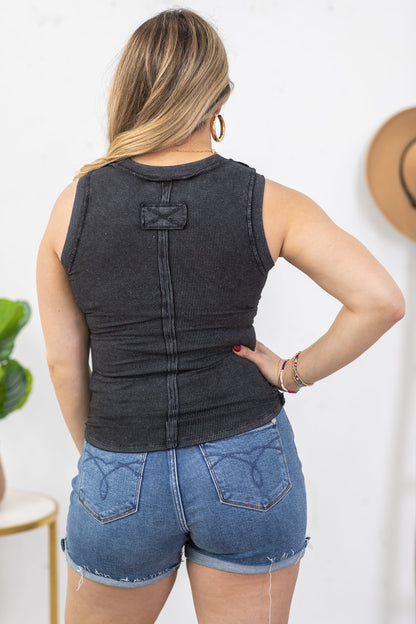 Black Washed Ribbed Scoop Neck Tank Top