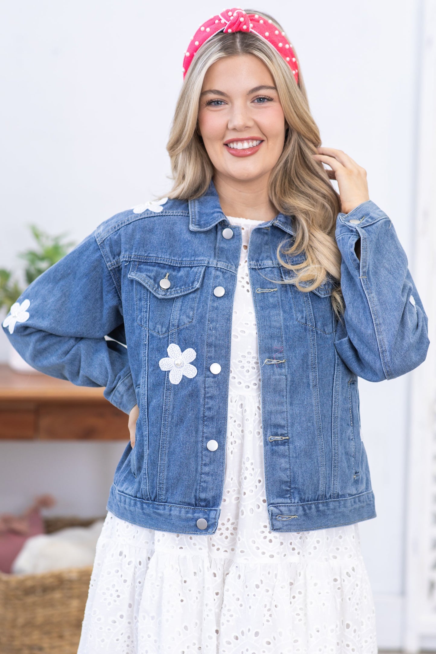 Blue With White Flower Patches Denim Jacket