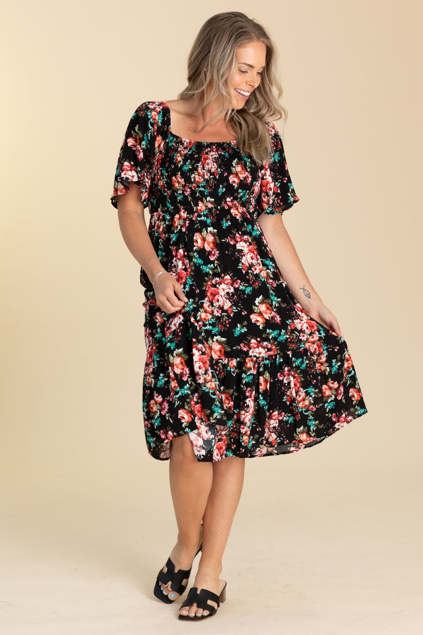 Black Floral Smocked Dress