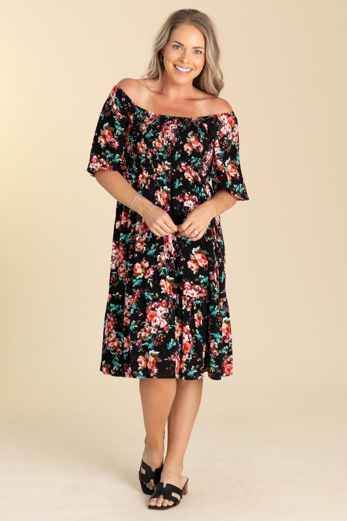 Black Floral Smocked Dress