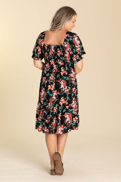 Black Floral Smocked Dress