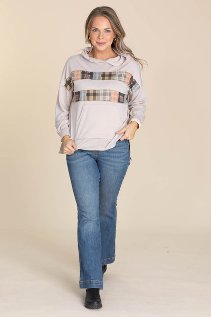 Beige French Terry Plaid Detail Knit Hoodie
