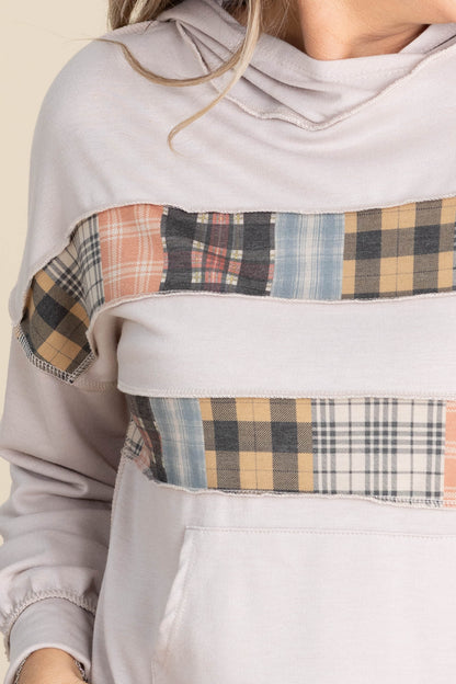 Beige French Terry Plaid Detail Knit Hoodie