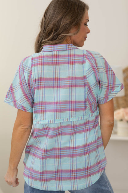Baby Blue Plaid Print Washed Button Down Shirt- 100% Cotton