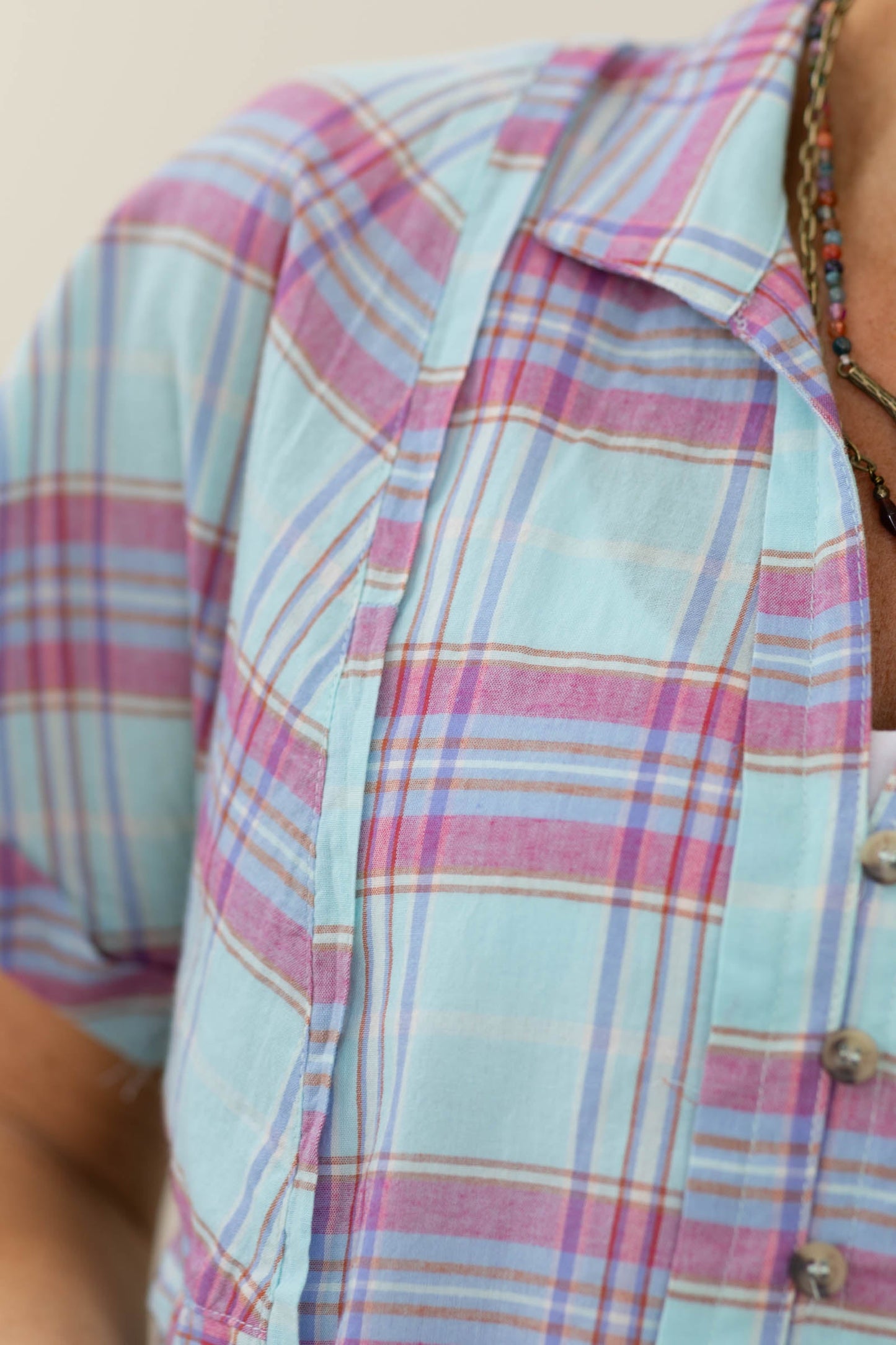 Baby Blue Plaid Print Washed Button Down Shirt- 100% Cotton