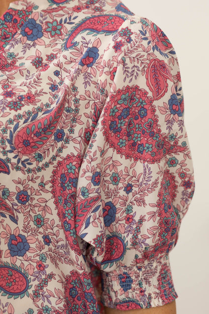 Beige And Paisley Pink Print Woven Top