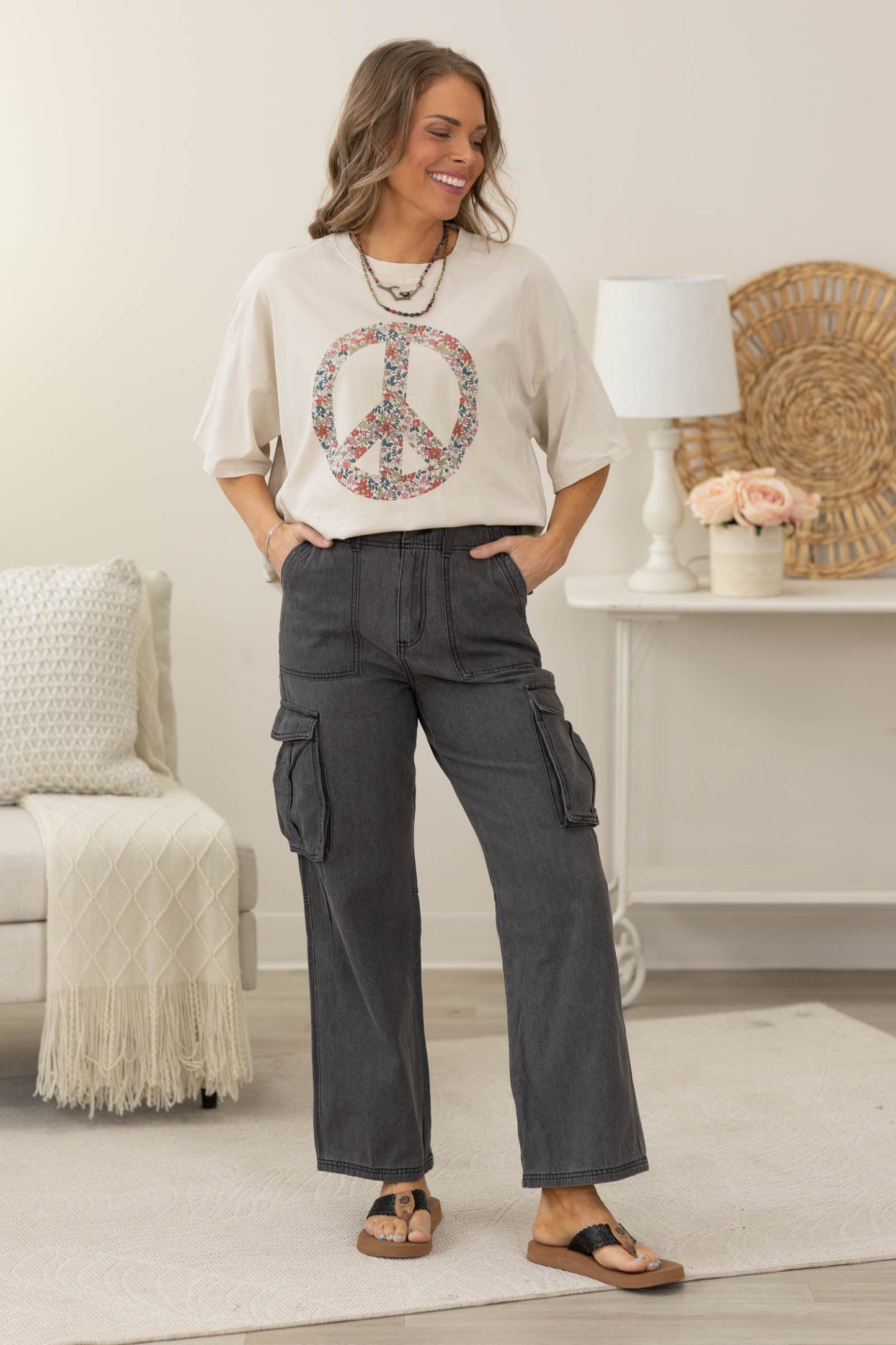 Beige Peace Sign Oversized Knit Short Sleeve Top