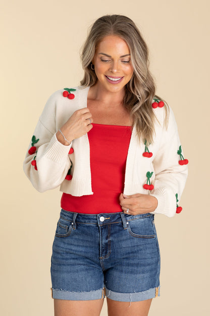 Beige 3D Cherry Details Open Knit Cardigan
