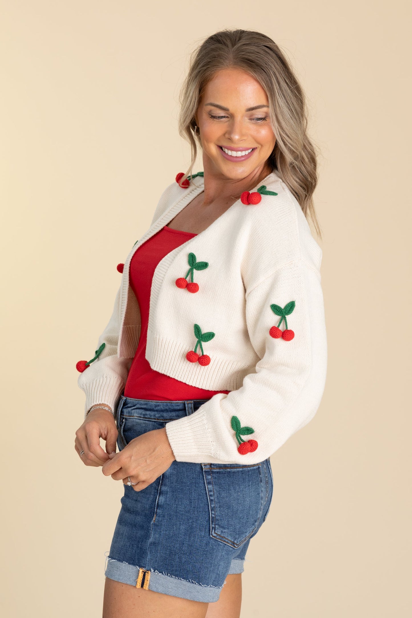 Beige 3D Cherry Details Open Knit Cardigan