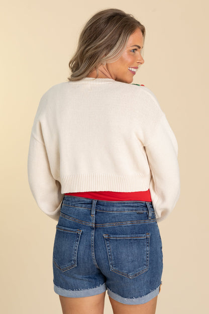 Beige 3D Cherry Details Open Knit Cardigan