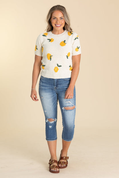 Beige With Lemons Short Sleeve Knit Top
