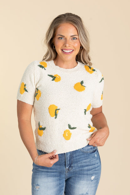 Beige With Lemons Short Sleeve Knit Top