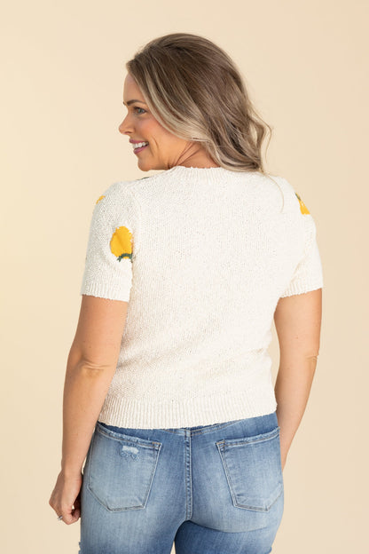 Beige With Lemons Short Sleeve Knit Top