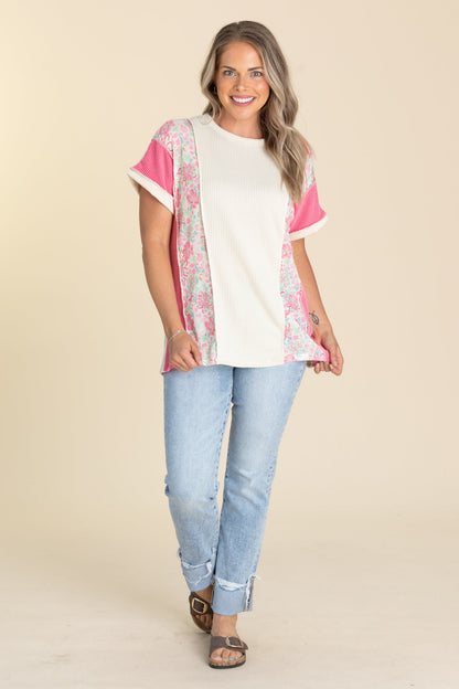 Beige Colorblock Floral Ribbed Knit Top