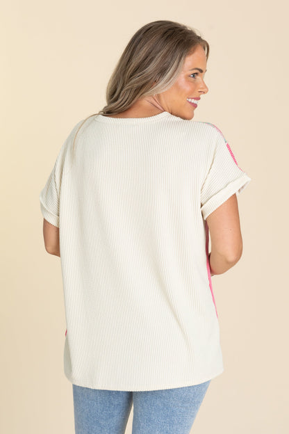 Beige Colorblock Floral Ribbed Knit Top
