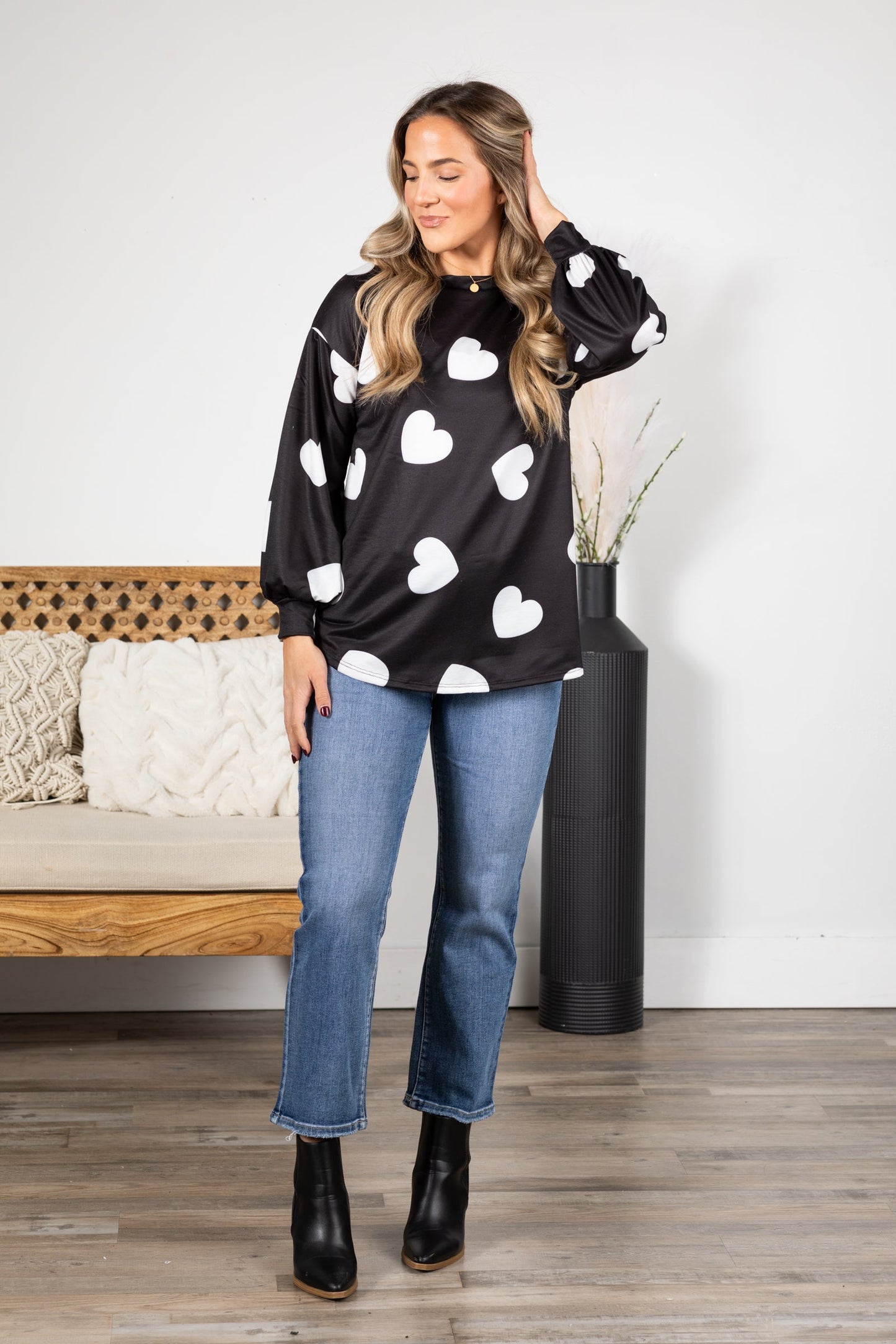 Black Heart Print French Terry Knit Top