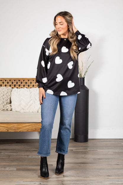 Black Heart Print French Terry Knit Top