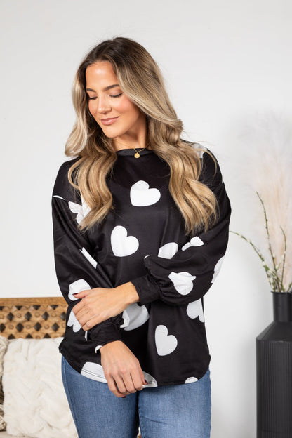 Black Heart Print French Terry Knit Top