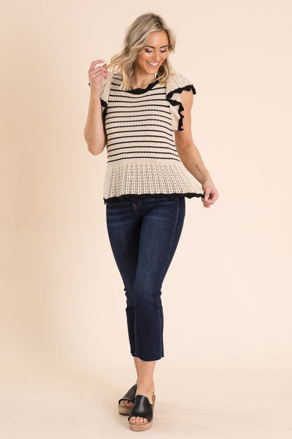 Beige Striped Ruffle Sleeve Knit Sweater Top