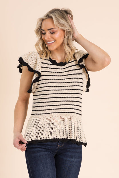Beige Striped Ruffle Sleeve Knit Sweater Top