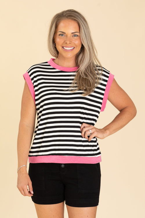 Black Stripe Knit Top With Pink Trim