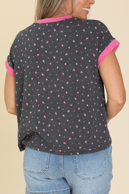 Black With Pink Trim Floral Ribbed Knit Top