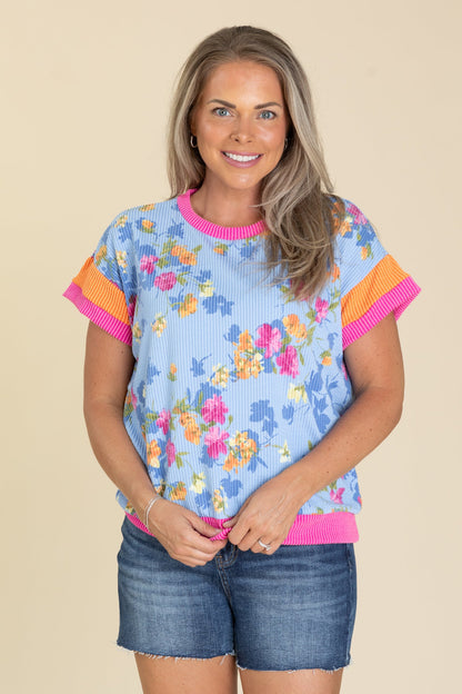 Blue Ribbed Floral With Colorblock Knit Top