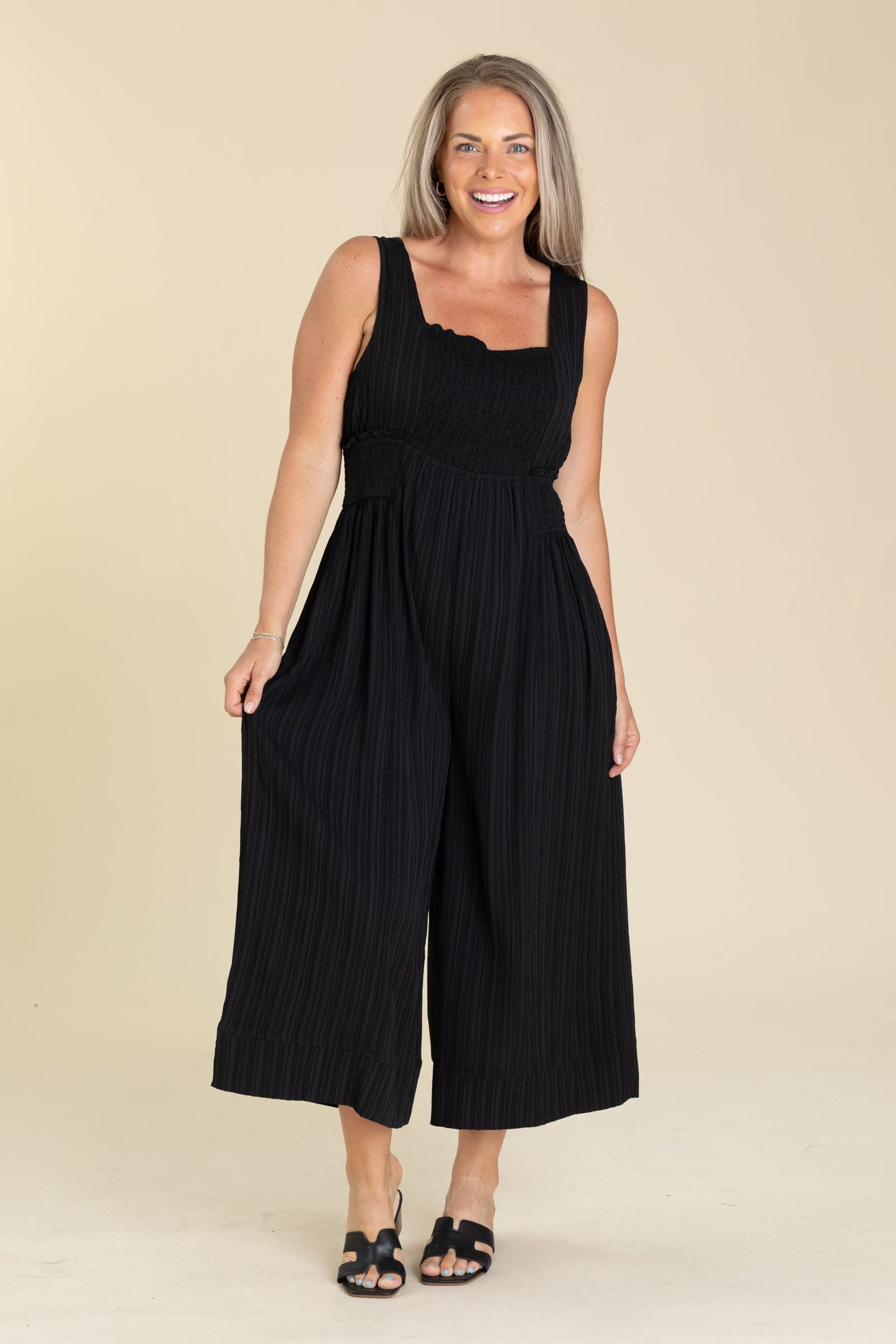 Black Crinkled Fabric Wide Leg Jumpsuit