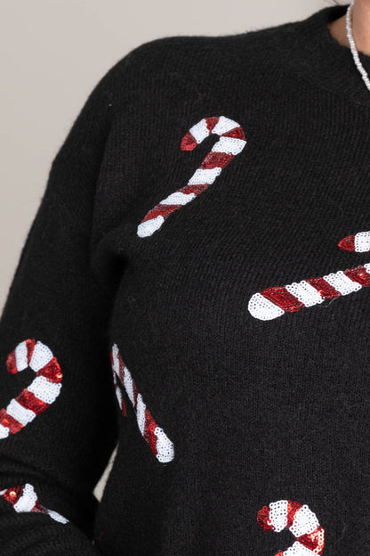 Black Christmas Sequin Candy Cane Sweater