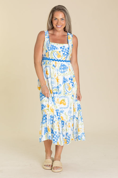 Blue Lemon Print Scallop Trim Midi Dress