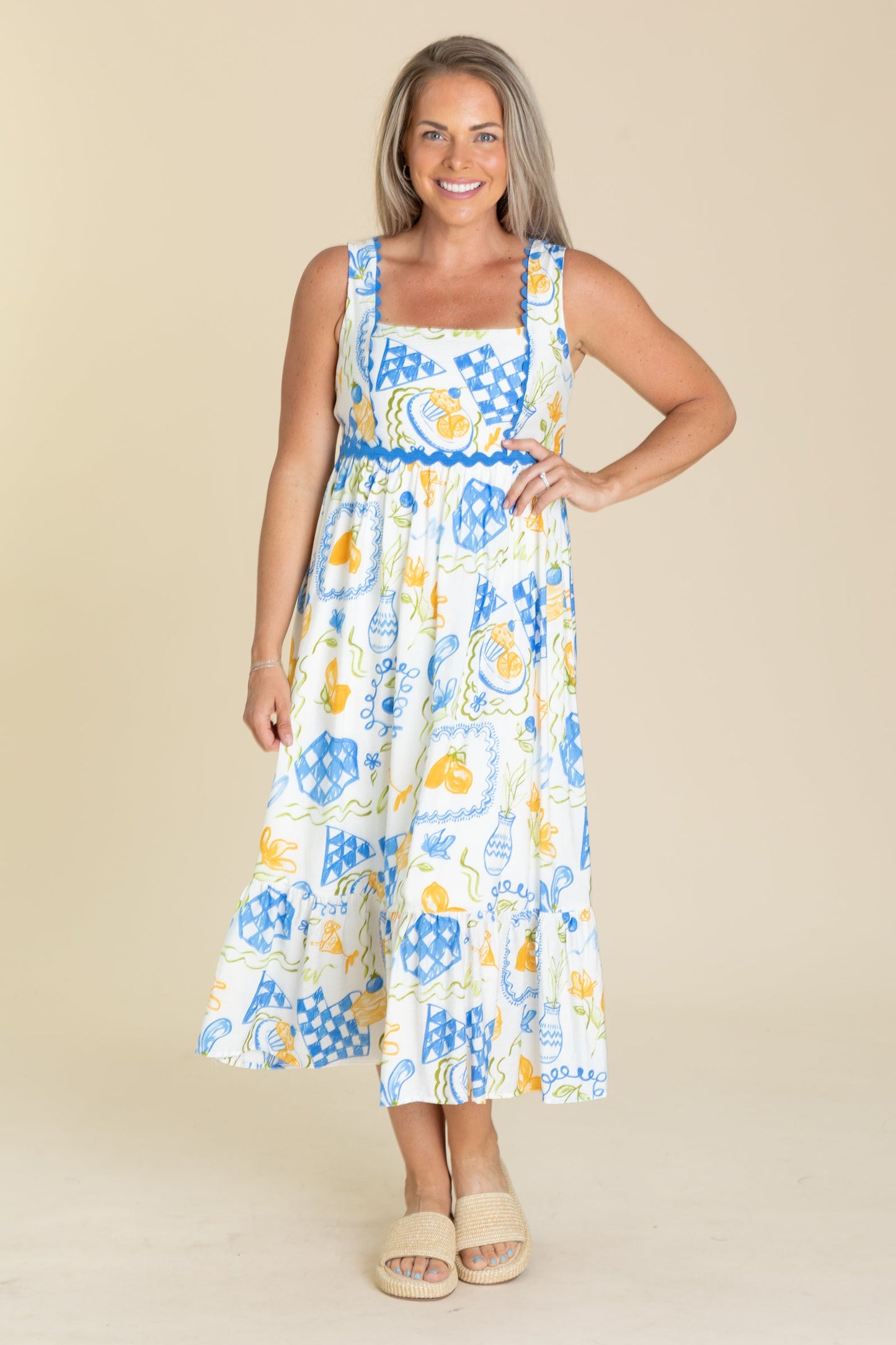 Blue Lemon Print Scallop Trim Midi Dress