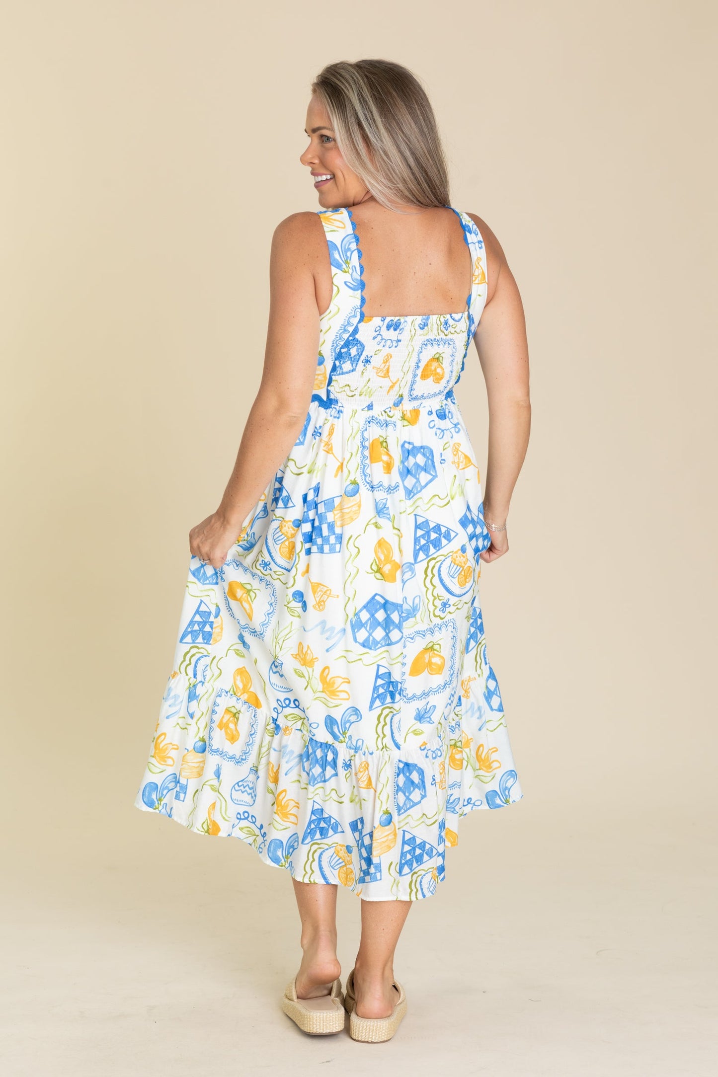 Blue Lemon Print Scallop Trim Midi Dress