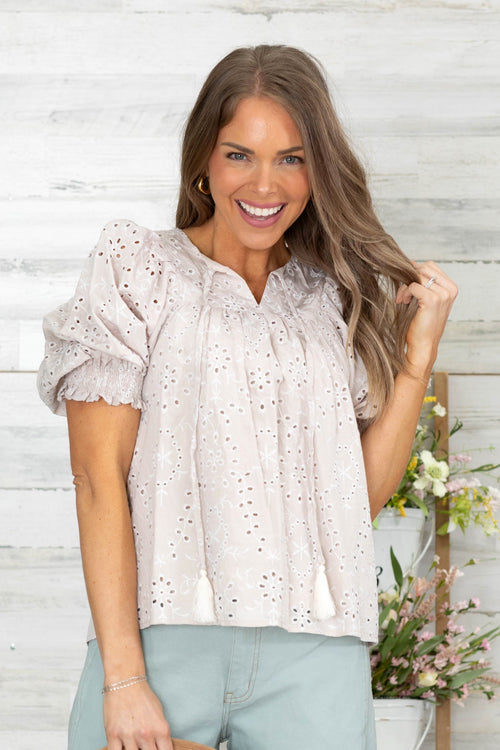 Beige Eyelet Short Sleeve Front Tie Woven Top
