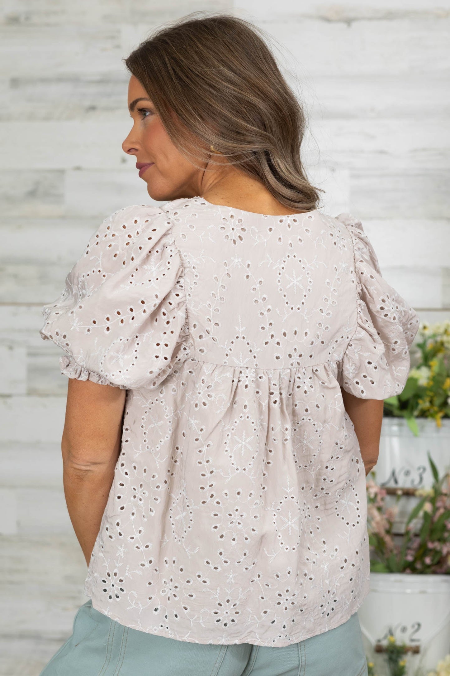Beige Eyelet Short Sleeve Front Tie Woven Top