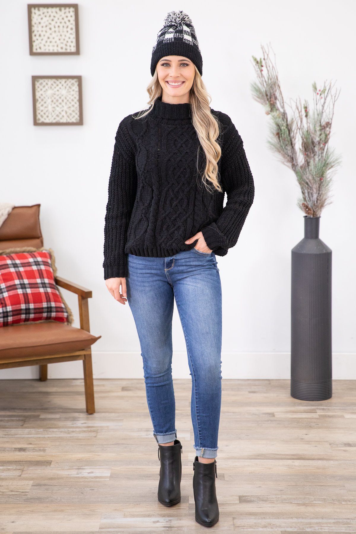 Black Turtle Neck Cable Knit Sweater