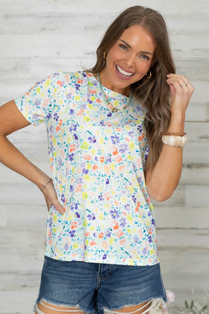 Basic Floral Printed Short Sleeve Knit Top