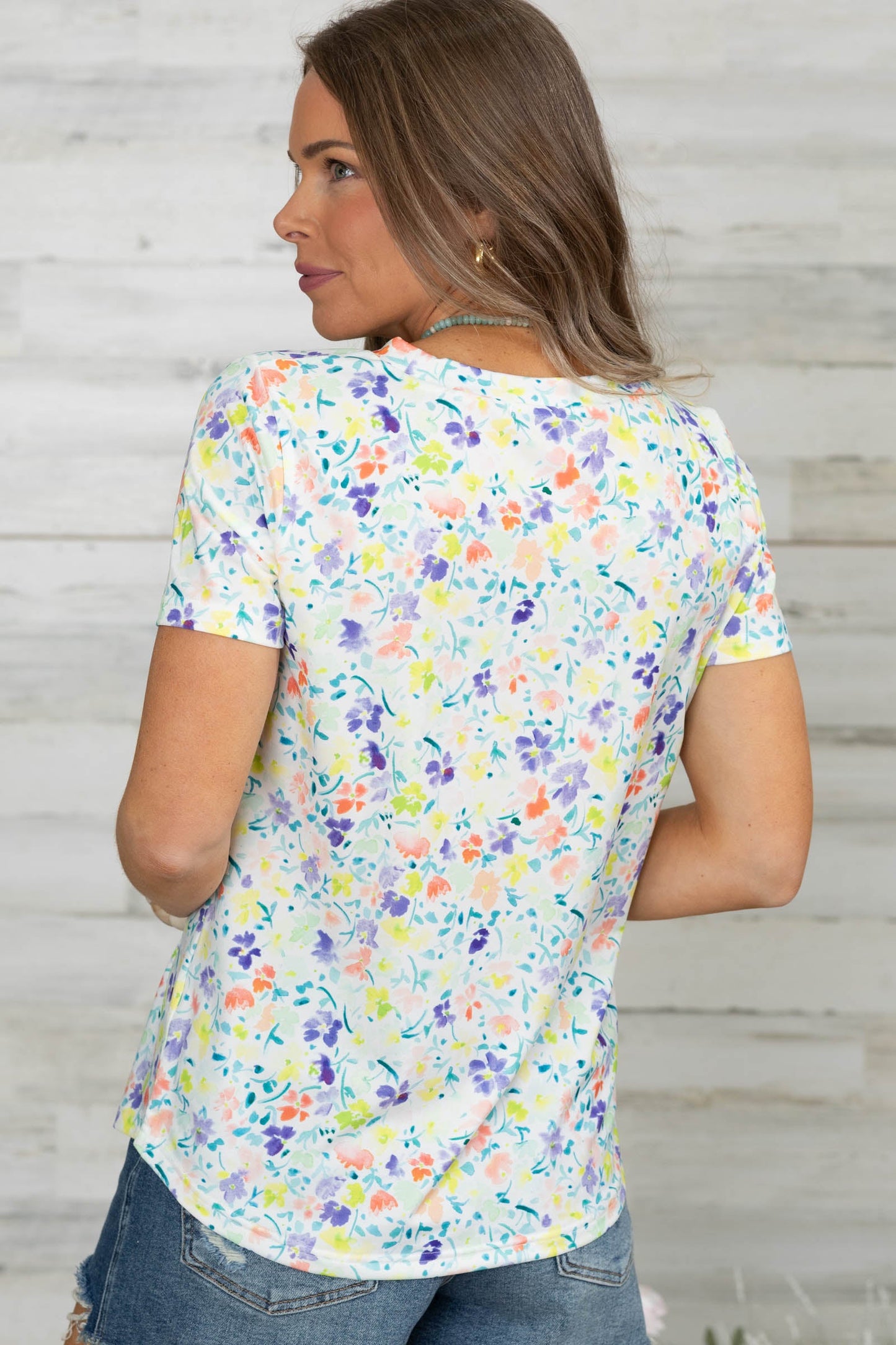 Basic Floral Printed Short Sleeve Knit Top