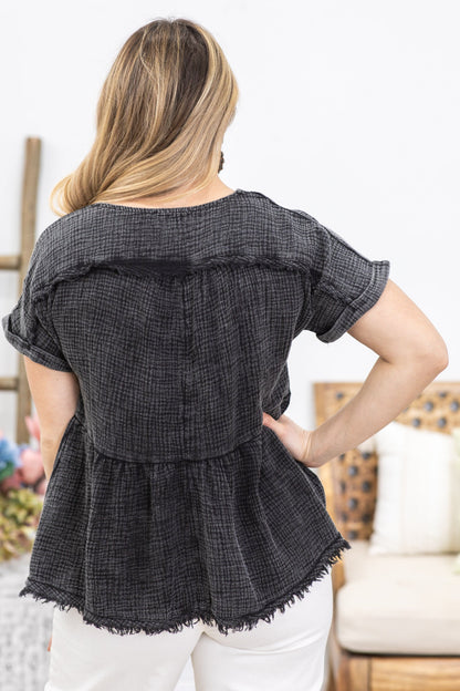 Black Washed Gauze Short Sleeve Babydoll Top