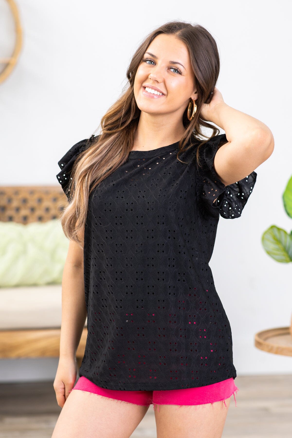 Black Flutter Sleeve Knit Eyelet Top