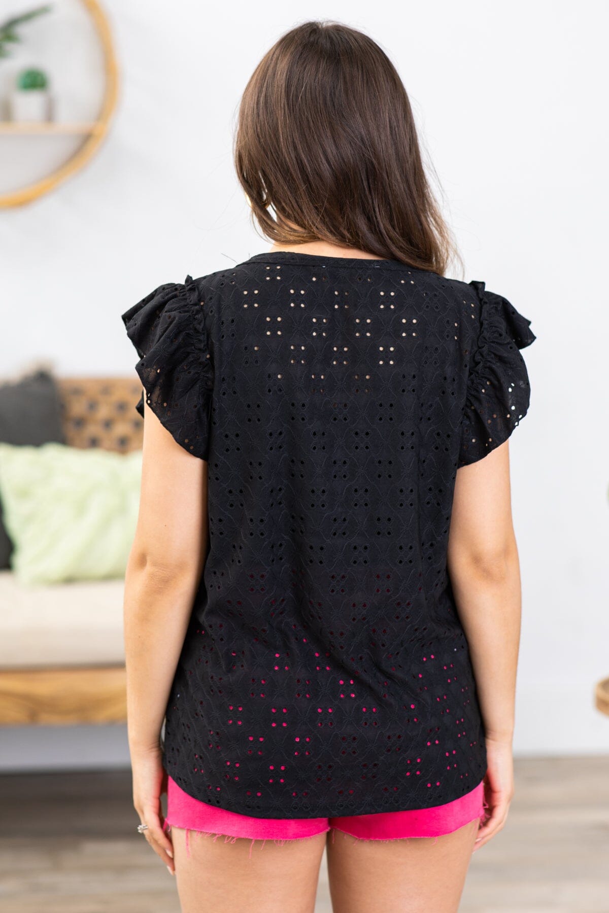 Black Flutter Sleeve Knit Eyelet Top