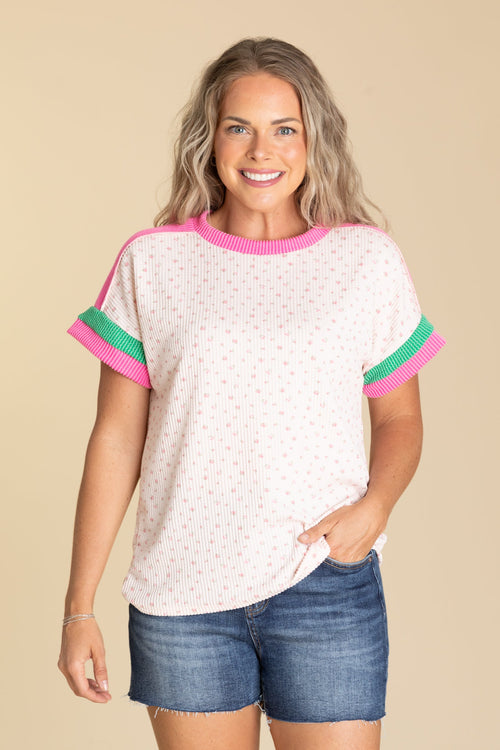 Baby Pink Floral Print Colorblock Knit Top